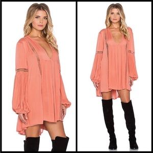 FREE PEOPLE BABYDOLL mini Dress Coral Bohemian Tunic Dress hippie Long sleeves